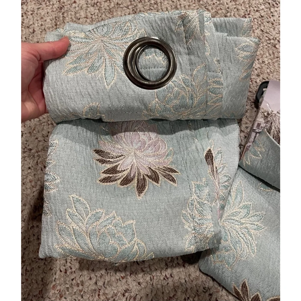 Jacquard Floral Grommet Window Curtain Panels Aqua Blue 54” x 84” Set of 2